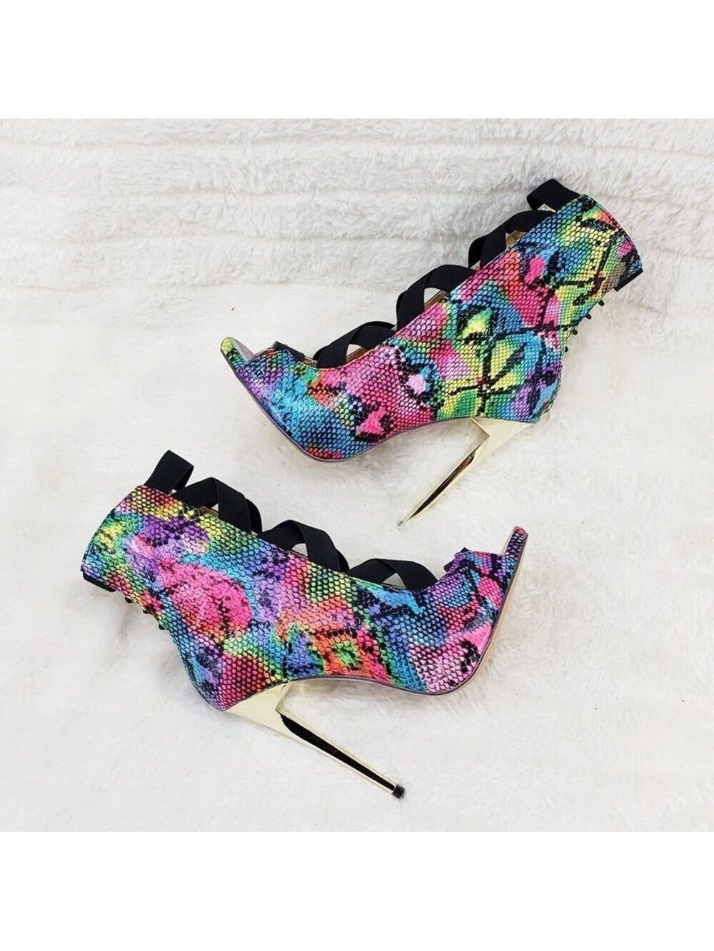 Bright Rainbow Snake Elastic Strap Gold Tone High Heel Stiletto Ankle Boots - Picture 3 of 10